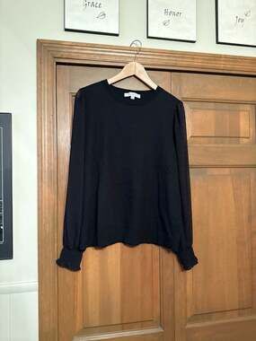 LOFT Black Dotted Sheer Sleeve Mixed Media Crewneck Sweater